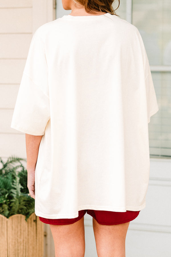 Chic Soul plus size clothing, short-sleeve ivory white drop-shoulder boyfriend tee with a red white and blue graphic lettering stating 