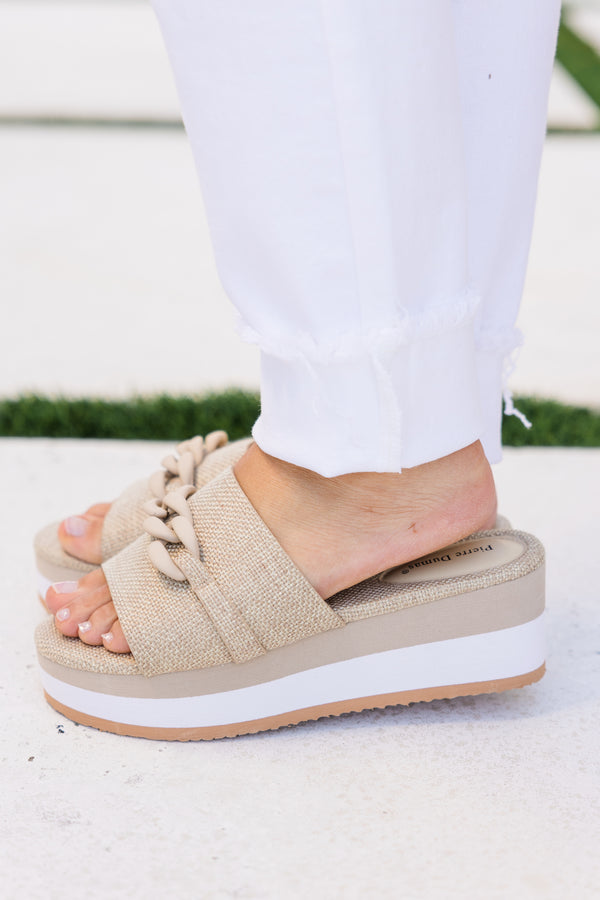 Chic Soul plus size clothing, taupe backless wedge sandals with a taupe buckle and a white sole