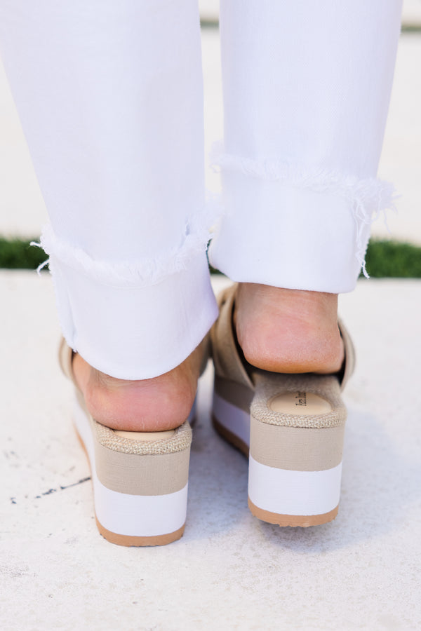 Chic Soul plus size clothing, taupe backless wedge sandals with a taupe buckle and a white sole