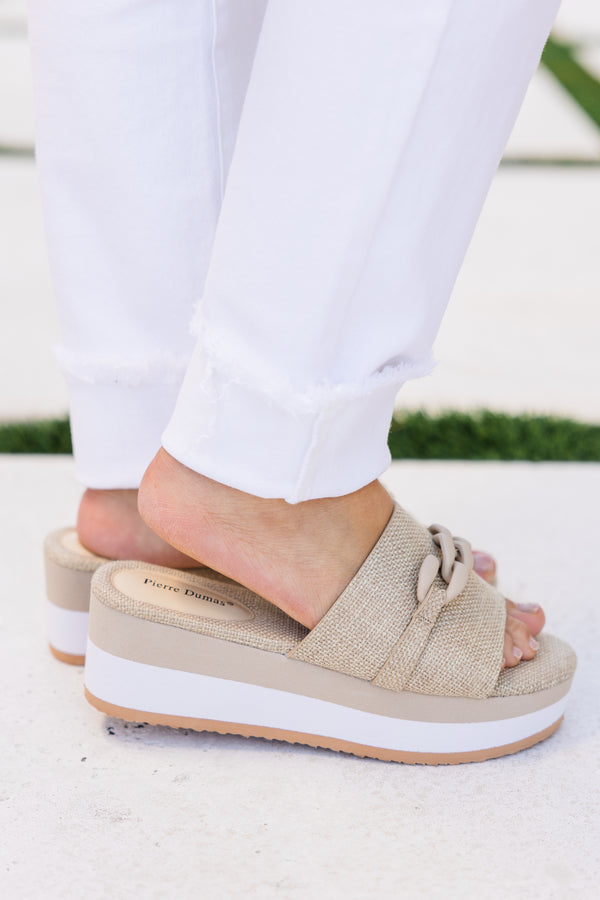 Chic Soul plus size clothing, taupe backless wedge sandals with a taupe buckle and a white sole
