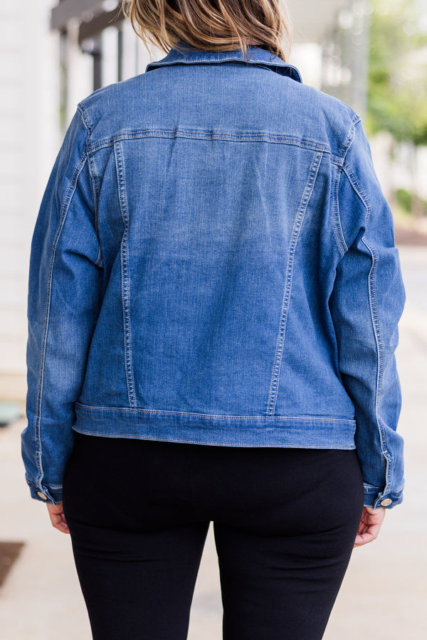 Chic Soul plus size clothing, long-sleeve blue denim jacket with collar and silver button detailing 