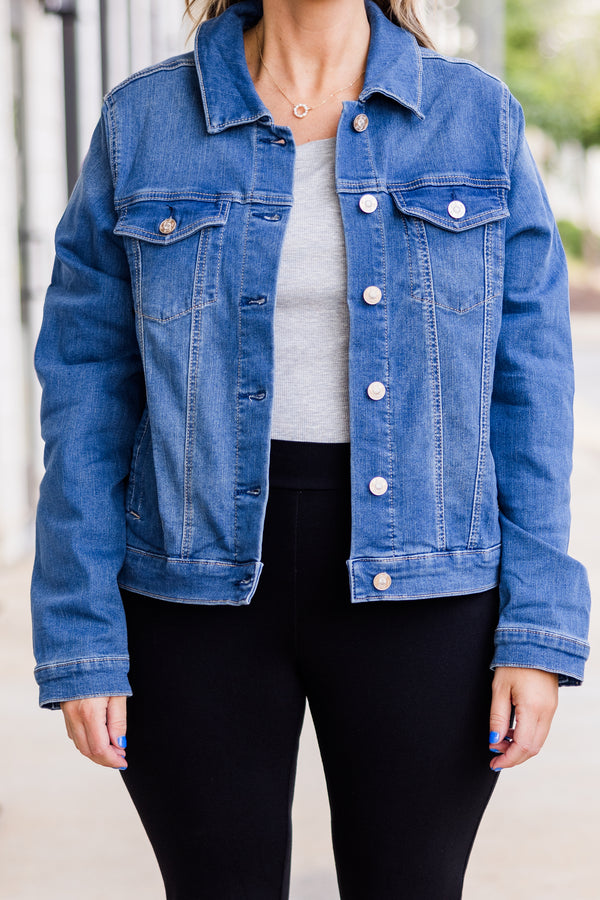 Chic Soul plus size clothing, long-sleeve blue denim jacket with collar and silver button detailing 