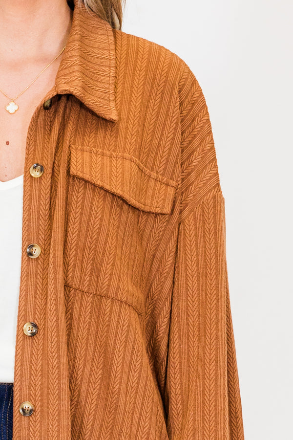 Chic Soul plus size clothing, brown long sleeve printed shacket with button up detail and collar with cuff sleeves and chest pockets