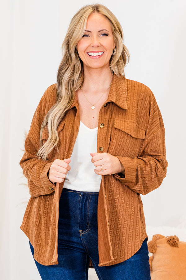 Chic Soul plus size clothing, brown long sleeve printed shacket with button up detail and collar with cuff sleeves and chest pockets
