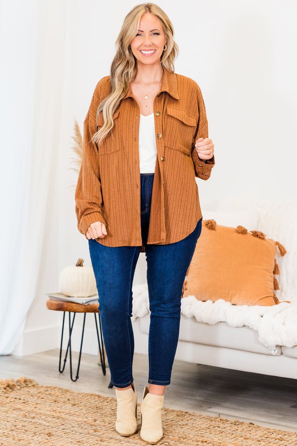 Chic Soul plus size clothing, brown long sleeve printed shacket with button up detail and collar with cuff sleeves and chest pockets