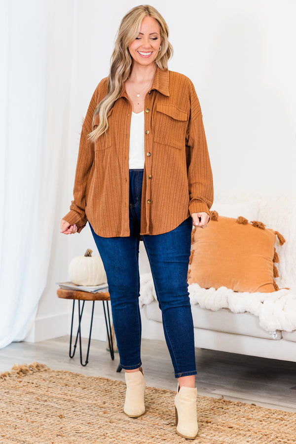 Chic Soul plus size clothing, brown long sleeve printed shacket with button up detail and collar with cuff sleeves and chest pockets