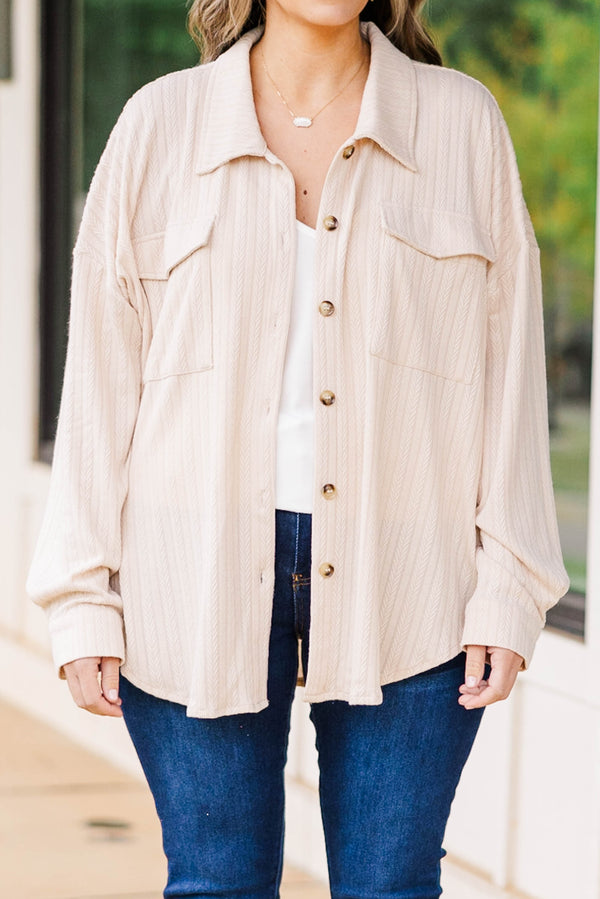 Chic Soul plus size clothing, taupe textured shacket with brown buttoned detailing and front pockets
