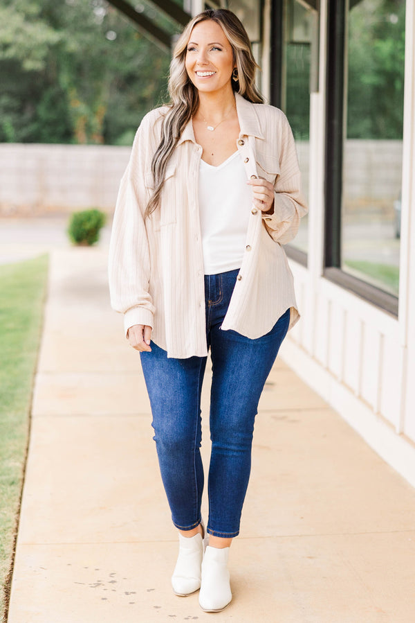 Chic Soul plus size clothing, taupe textured shacket with brown buttoned detailing and front pockets