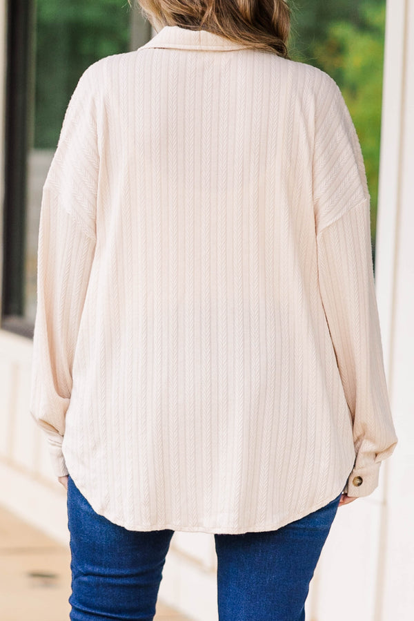 Chic Soul plus size clothing, taupe textured shacket with brown buttoned detailing and front pockets