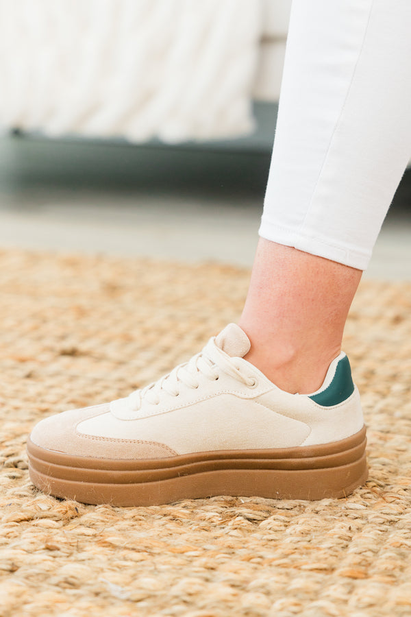 Chic Soul plus size clothing, beige three tiered platform sneakers with suede material and green detail on sides