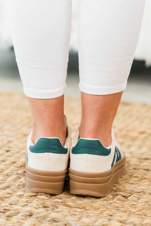 Chic Soul plus size clothing, beige three tiered platform sneakers with suede material and green detail on sides