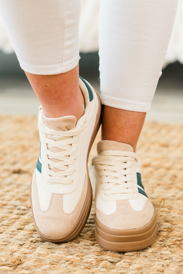 Chic Soul plus size clothing, beige three tiered platform sneakers with suede material and green detail on sides