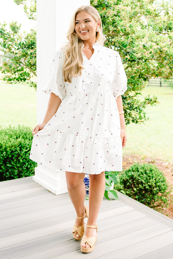 Chic Soul plus size clothing, white bubble sleeve babydoll dress with dainty American flag pattern