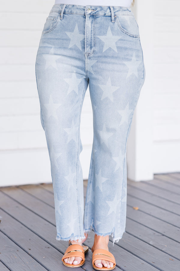 Chic Soul plus size clothing, mid-waisted light wash cropped straight leg jeans with faded star pattern and distressed detailing 