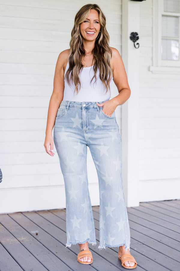Chic Soul plus size clothing, mid-waisted light wash cropped straight leg jeans with faded star pattern and distressed detailing 