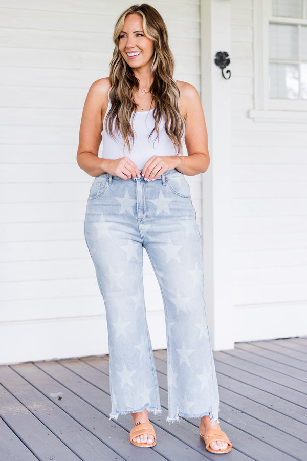 Chic Soul plus size clothing, mid-waisted light wash cropped straight leg jeans with faded star pattern and distressed detailing 