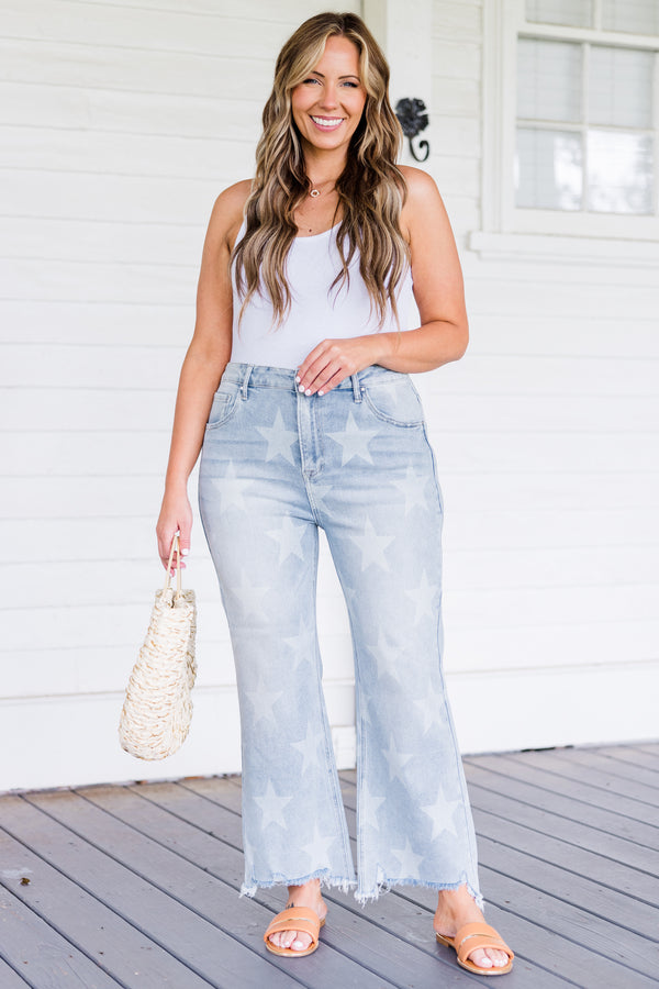 Chic Soul plus size clothing, mid-waisted light wash cropped straight leg jeans with faded star pattern and distressed detailing 