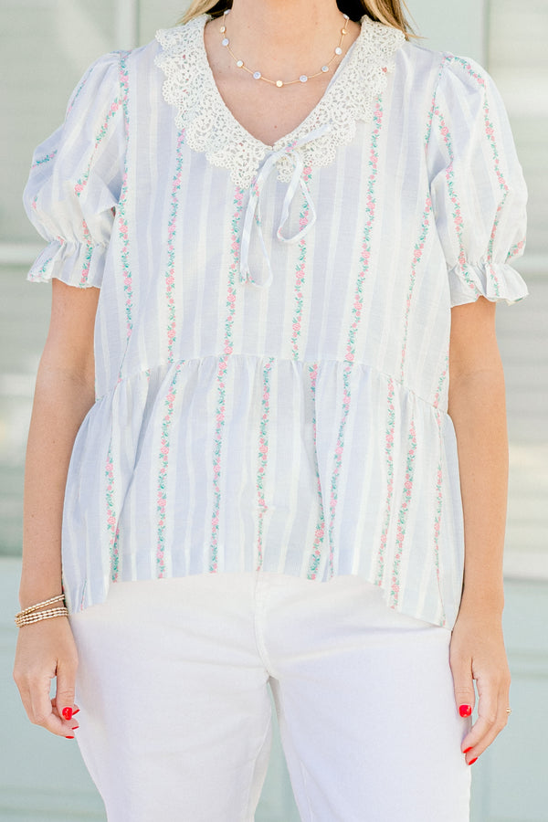 Chic Soul plus size clothing, faint blue and white and floral vertically striped babydoll top with short bubble sleeves and lace pointed flat collar