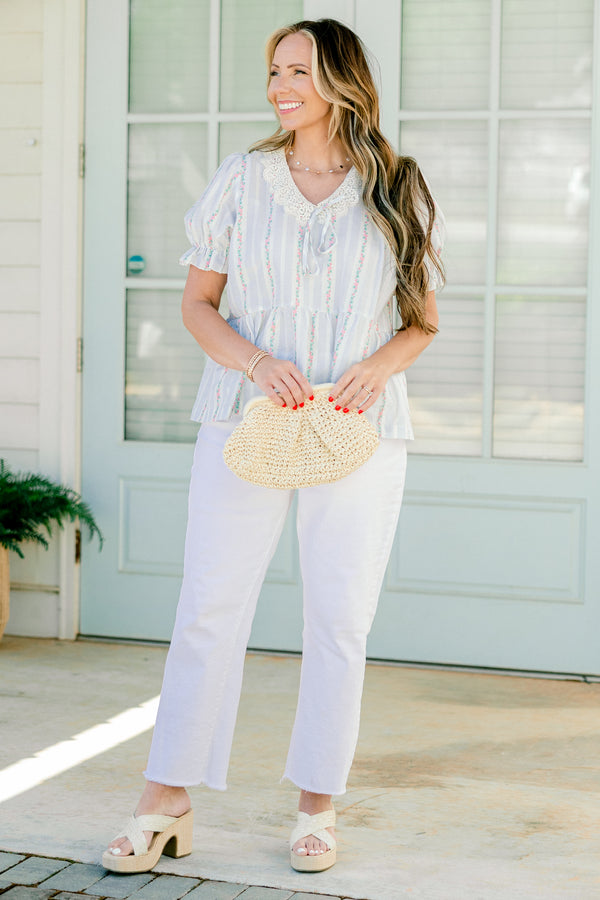 Chic Soul plus size clothing, faint blue and white and floral vertically striped babydoll top with short bubble sleeves and lace pointed flat collar