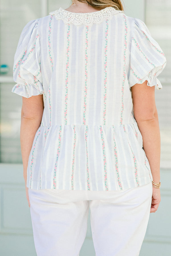 Chic Soul plus size clothing, faint blue and white and floral vertically striped babydoll top with short bubble sleeves and lace pointed flat collar
