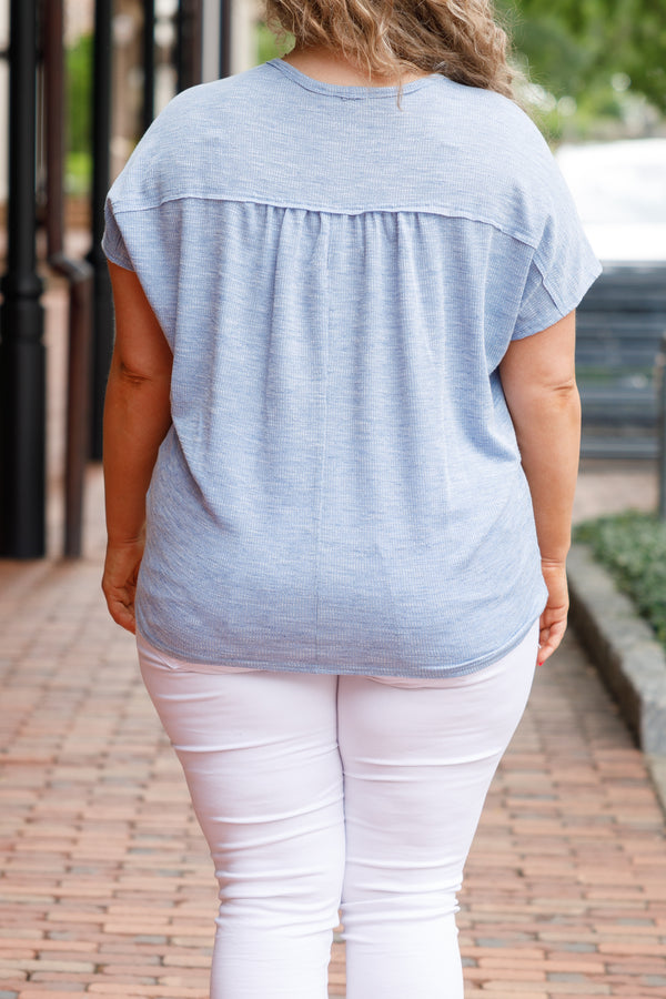 Chic Soul plus size clothing, blue knitted pattern top with exposed seams design