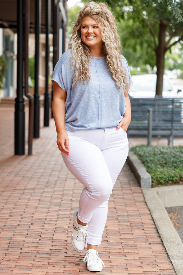Chic Soul plus size clothing, blue knitted pattern top with exposed seams design