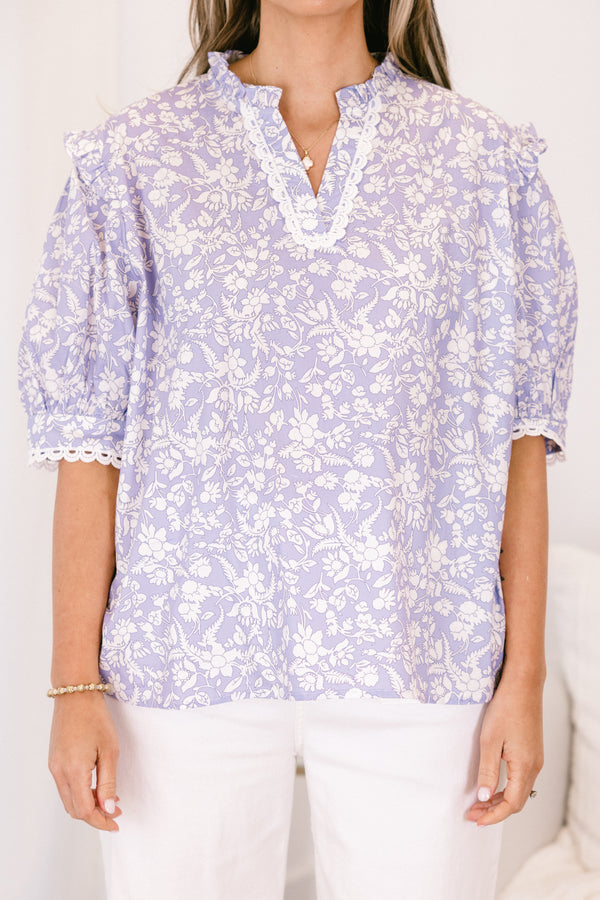 Chic soul plus size clothing, purple blouse with a white floral pattern and bubble sleeves 