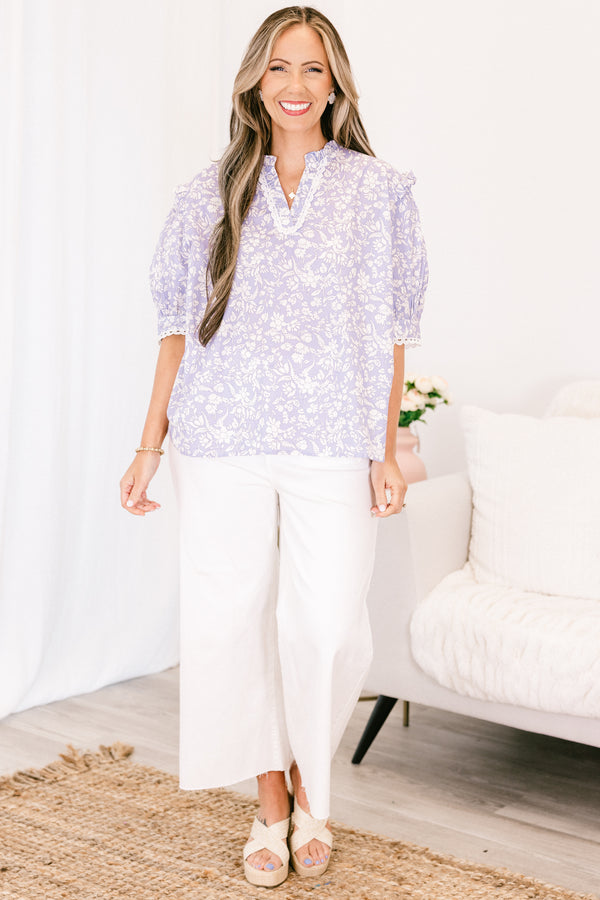 Chic soul plus size clothing, purple blouse with a white floral pattern and bubble sleeves 