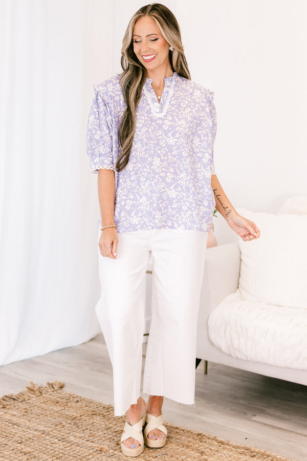 Chic soul plus size clothing, purple blouse with a white floral pattern and bubble sleeves 
