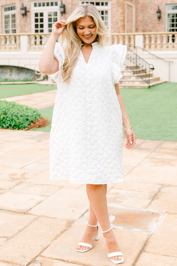 Chic Soul plus size clothing, white flutter sleeve short dress with stitched white pattern