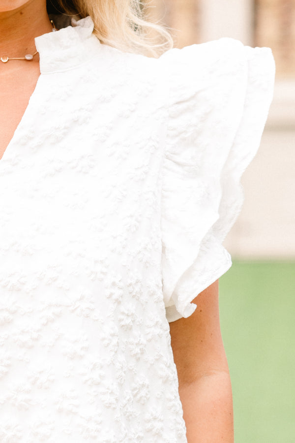Chic Soul plus size clothing, white flutter sleeve short dress with stitched white pattern