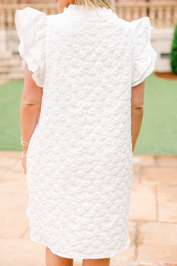 Chic Soul plus size clothing, white flutter sleeve short dress with stitched white pattern