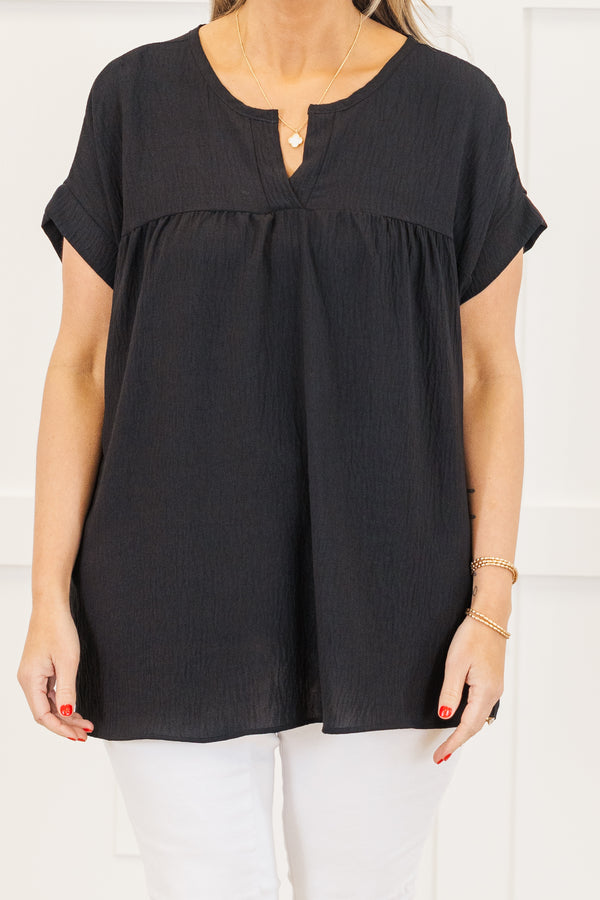 Chic Soul plus size clothing, simple black short sleeve gauze material top with v cutout along neckline with cuff sleeves