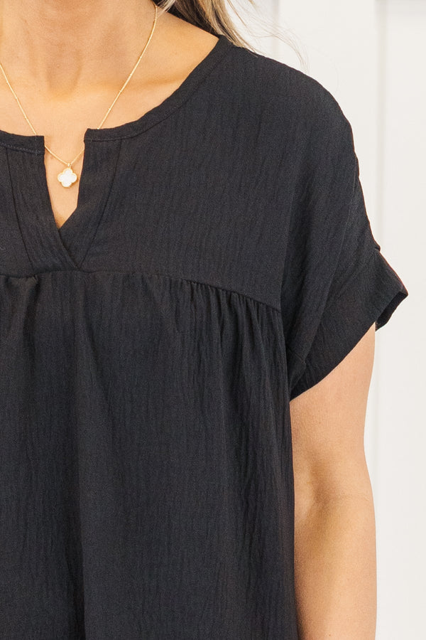 Chic Soul plus size clothing, simple black short sleeve gauze material top with v cutout along neckline with cuff sleeves