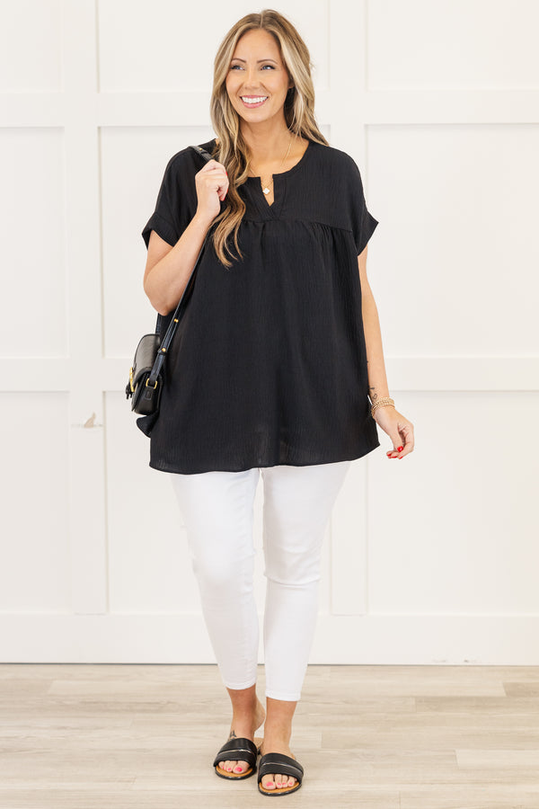 Chic Soul plus size clothing, simple black short sleeve gauze material top with v cutout along neckline with cuff sleeves