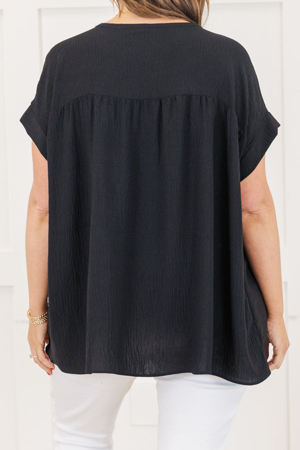 Chic Soul plus size clothing, simple black short sleeve gauze material top with v cutout along neckline with cuff sleeves