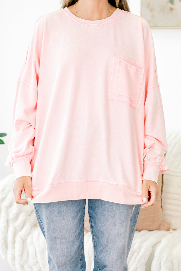 Chic Soul plus size clothing, baby pink long sleeve crewneck pullover top with front pocket