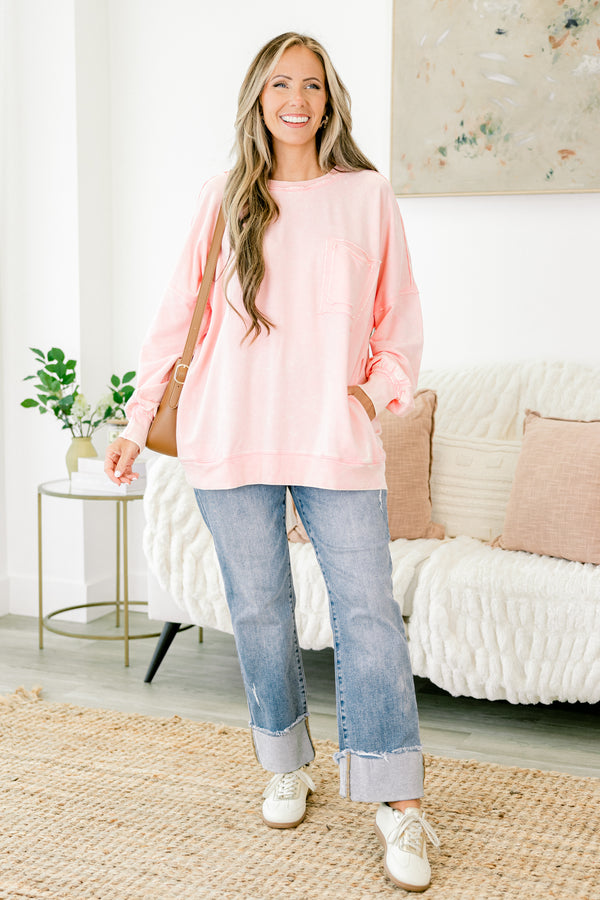 Chic Soul plus size clothing, baby pink long sleeve crewneck pullover top with front pocket