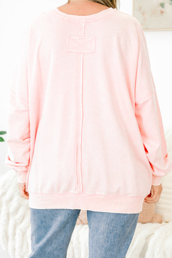 Chic Soul plus size clothing, baby pink long sleeve crewneck pullover top with front pocket