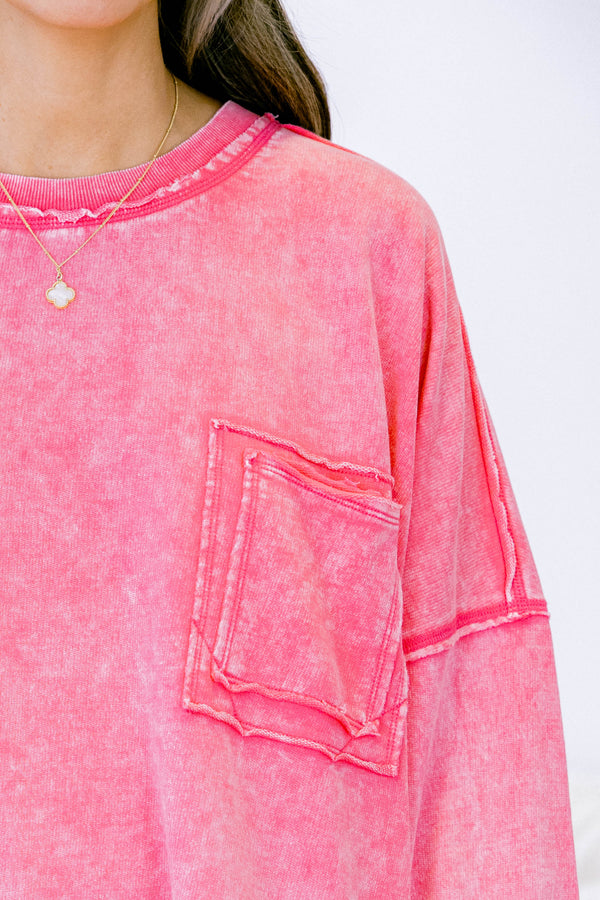 Chic Soul plus size clothing, fuchsia pink long sleeve crewneck pullover top with front pocket