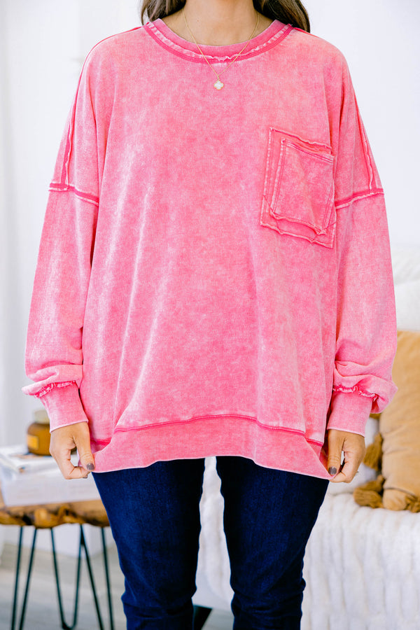 Chic Soul plus size clothing, fuchsia pink long sleeve crewneck pullover top with front pocket
