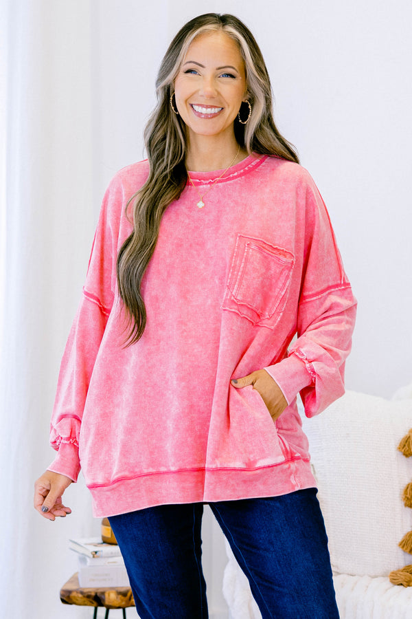 Chic Soul plus size clothing, fuchsia pink long sleeve crewneck pullover top with front pocket