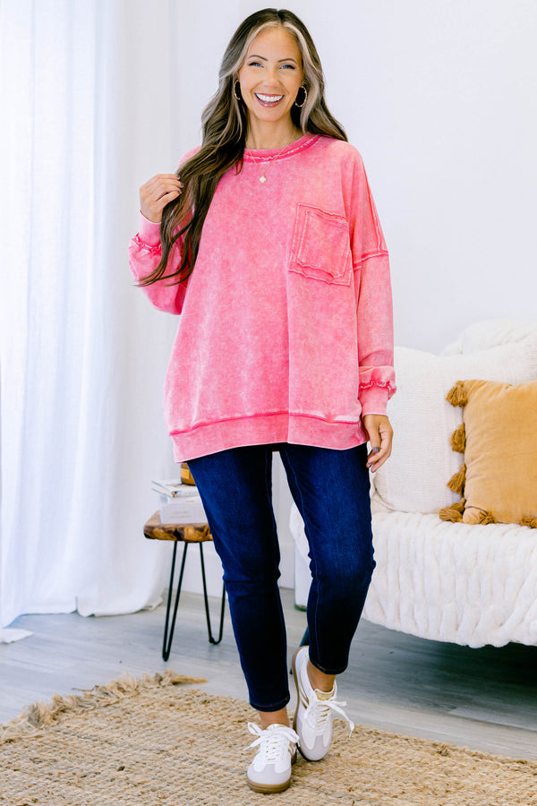 Chic Soul plus size clothing, fuchsia pink long sleeve crewneck pullover top with front pocket