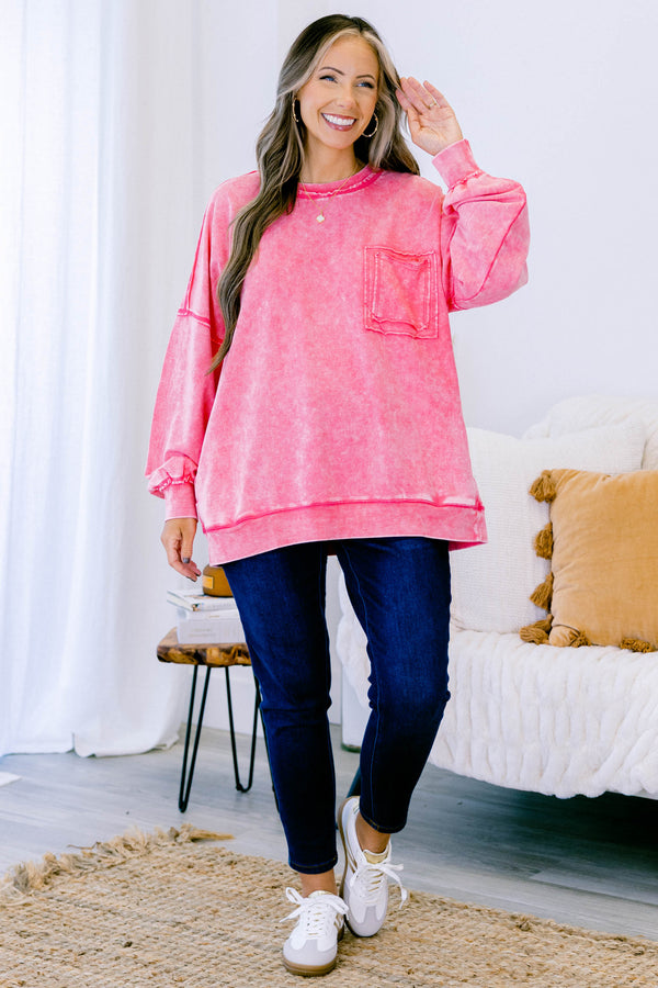 Chic Soul plus size clothing, fuchsia pink long sleeve crewneck pullover top with front pocket