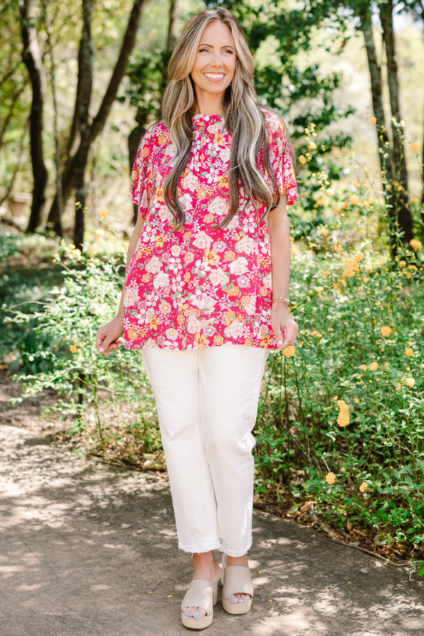 Chic Soul plus size clothing, fuchsia short sleeve mock neck multi color floral print top with puff sleeves