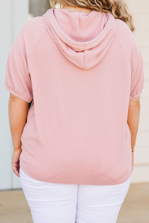 Chic Soul plus size clothing, mauve ribbed short sleeve hoodie top with drawstring hoodie and pouch pocket