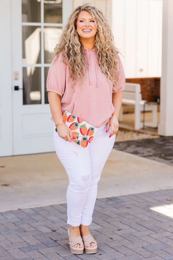 Chic Soul plus size clothing, mauve ribbed short sleeve hoodie top with drawstring hoodie and pouch pocket