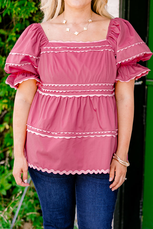 Chic Soul plus size clothing, Pink baby doll top with flutter sleeves and scallop details on each tier of the top sleeves and square neckline 