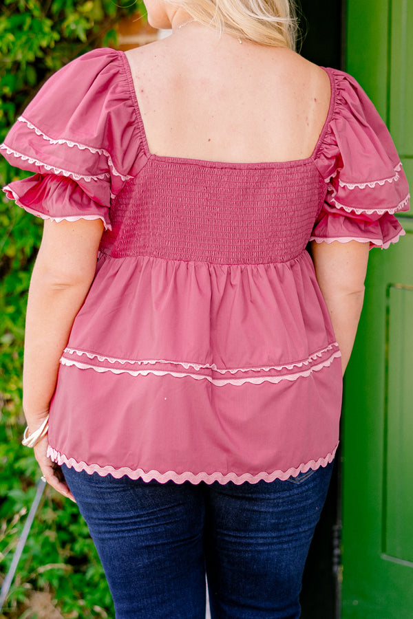 Chic Soul plus size clothing, Pink baby doll top with flutter sleeves and scallop details on each tier of the top sleeves and square neckline 