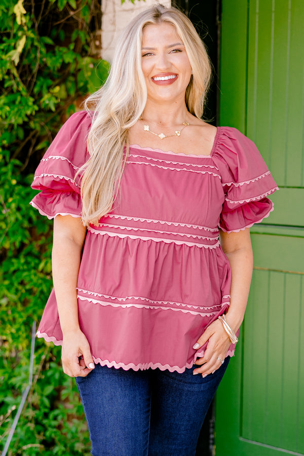 Chic Soul plus size clothing, Pink baby doll top with flutter sleeves and scallop details on each tier of the top sleeves and square neckline 
